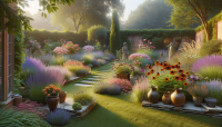 Generate a high-quality RAW photo in 8K UHD resolution showcasing a beautiful backyard featuring an originally designed flower bed. The floral arrangement should have a unique layout, incorporating various flowers such as lavender, zinnias, and black-eyed Susans, artfully combined with interesting shapes and heights. Include decorative elements like garden sculptures, rustic planters, or a whimsical border made of stones or wood. The background should include lush grass, trees, and perhaps a cozy sitting area, all illuminated by soft, natural lighting to create an enchanting and serene atmosphere that highlights the creativity of the flower bed.