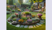Generate a high-quality RAW photo in 8K UHD resolution showcasing a beautiful backyard featuring an originally designed flower bed. The floral arrangement should have a unique layout, incorporating various flowers such as lavender, zinnias, and black-eyed Susans, artfully combined with interesting shapes and heights. Include decorative elements like garden sculptures, rustic planters, or a whimsical border made of stones or wood. The background should include lush grass, trees, and perhaps a cozy sitting area, all illuminated by soft, natural lighting to create an enchanting and serene atmosphere that highlights the creativity of the flower bed.