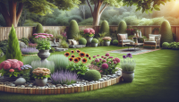 Generate a high-quality RAW photo in 8K UHD resolution showcasing a beautiful backyard featuring an originally designed flower bed. The floral arrangement should have a unique layout, incorporating various flowers such as lavender, zinnias, and black-eyed Susans, artfully combined with interesting shapes and heights. Include decorative elements like garden sculptures, rustic planters, or a whimsical border made of stones or wood. The background should include lush grass, trees, and perhaps a cozy sitting area, all illuminated by soft, natural lighting to create an enchanting and serene atmosphere that highlights the creativity of the flower bed.