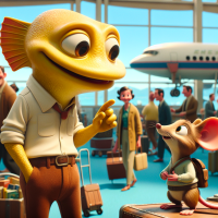 SpongeBob SquarePants talking to a mouse in an airport, 1960s Cartoon