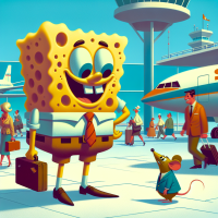 SpongeBob SquarePants talking to a mouse in an airport, 1960s Cartoon