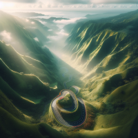birdeye view of a valley, dangerous bend in the road