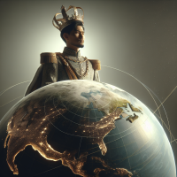 A man with a kings crown riding the earth as a ruler