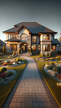 A photorealistic image of a luxurious two-story house with a meticulously landscaped front yard is presented at eye-level. The house features a combination of beige siding and stone accents, with a prominent arched wooden doorway and multiple windows reflecting the warm glow of the setting sun. The roof is dark gray with brown trim. The front yard is adorned with a winding brick pathway leading to the entrance, flanked by vibrant flower beds containing a variety of colorful plants, manicured shrubs, and decorative rocks. The lighting is warm and golden, casting long shadows and highlighting the textures of the stone and foliage, creating a welcoming and serene atmosphere. The composition is balanced, showcasing the house as the focal point while emphasizing the beauty of the surrounding landscape. The overall tone is peaceful and inviting, evoking a sense of comfort and elegance.
