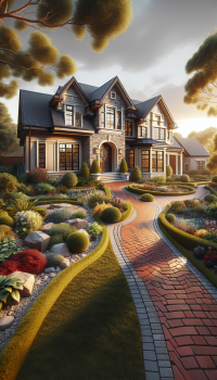 A photorealistic image of a luxurious two-story house with a meticulously landscaped front yard is presented at eye-level. The house features a combination of beige siding and stone accents, with a prominent arched wooden doorway and multiple windows reflecting the warm glow of the setting sun. The roof is dark gray with brown trim. The front yard is adorned with a winding brick pathway leading to the entrance, flanked by vibrant flower beds containing a variety of colorful plants, manicured shrubs, and decorative rocks. The lighting is warm and golden, casting long shadows and highlighting the textures of the stone and foliage, creating a welcoming and serene atmosphere. The composition is balanced, showcasing the house as the focal point while emphasizing the beauty of the surrounding landscape. The overall tone is peaceful and inviting, evoking a sense of comfort and elegance.