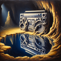 A boombox reflecting the surroundings in a cave, Painting by H.R. Giger, Closeup